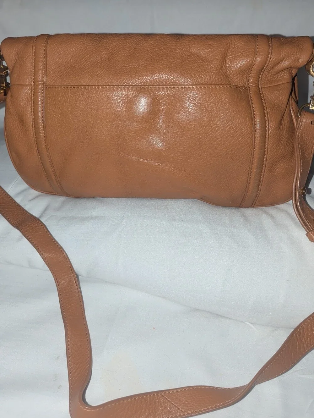 Tory Burch Amanda Fold Over Leather Crossbody Clutch Bag in Cognac Tan